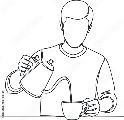 A minimalist line art illustration of a person pouring water from a kettle into a cup.