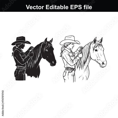 Silhouette and detailed illustration of a cowgirl grooming a horse