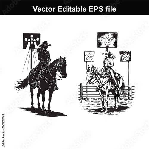 Silhouette and detailed illustration of a cowgirl riding a horse in a rodeo