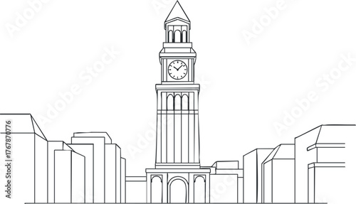 A minimalist outline illustration of a clock tower in an urban cityscape.
