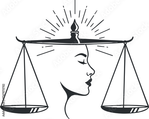 A graphic representation of a woman with scales symbolizing justice and balance.