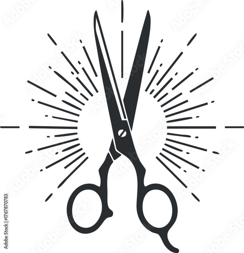 A graphic illustration of scissors with rays radiating from the center symbolizing creativity and craftsmanship