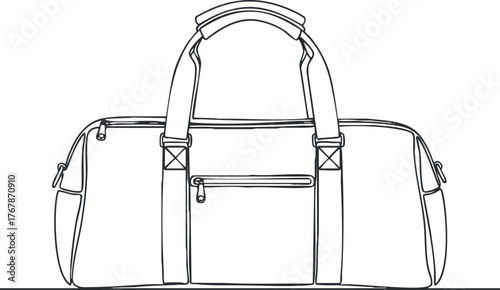 Minimalist outline illustration of a stylish duffel bag suitable for travel and sports.
