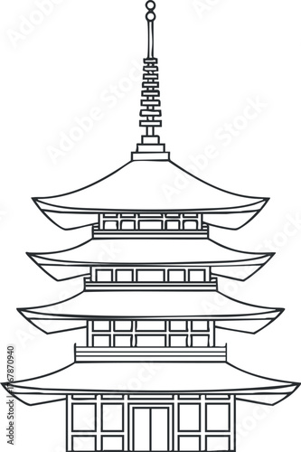 A detailed outline of a traditional pagoda showcasing intricate architectural features and design.