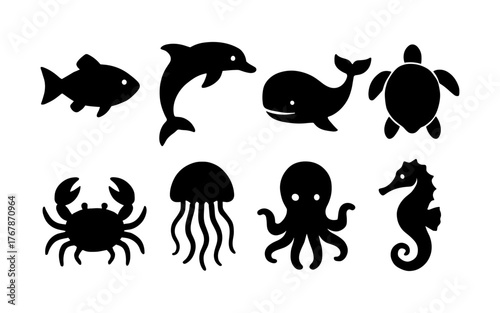 Set of black sea animal icons including fish, dolphin, whale, turtle, crab, jellyfish, octopus, seahorse. Flat vector silhouettes for sticker, print, postcard.