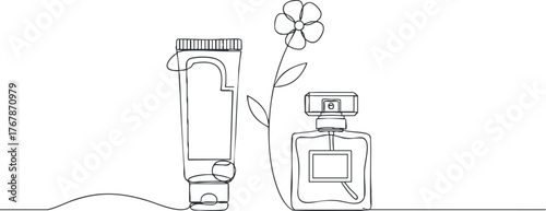Minimalist line art featuring a beauty tube and a perfume bottle with a flower.