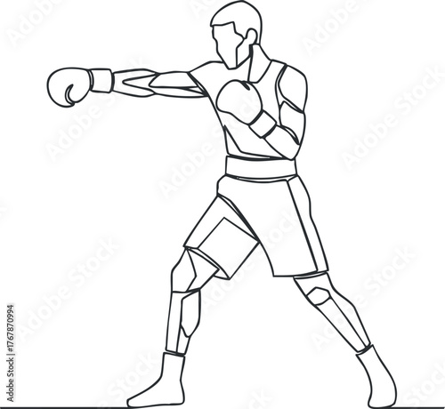 A dynamic line art illustration of a boxer throwing a punch in a fighting stance.