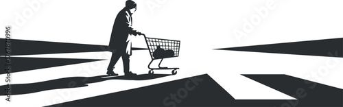 A minimalist silhouette of a man pushing a shopping cart across a stark black and white background.