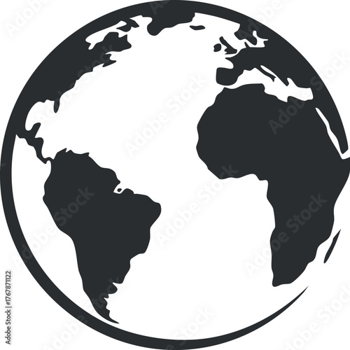 A minimalist illustration of the Earth showing continents in black and white design.