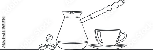 A minimalist line art illustration of a coffee pot with a cup and coffee beans.