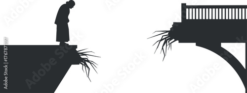 A silhouette of a person on a cliff contemplating a bridge with roots symbolizing connection and separation.