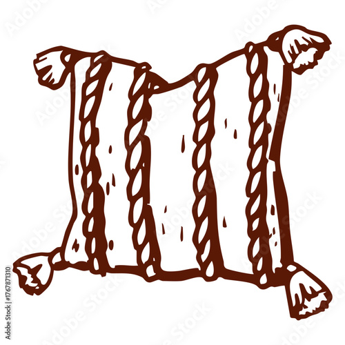 Hand drawn decorative pillow with tassels and rope stripes in brown line art. Cozy home decor vector illustration for interior and lifestyle design.