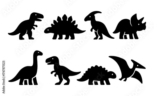 Set of black dinosaur silhouette icons. Includes T-Rex, Stegosaurus, Triceratops, Brachiosaurus, Velociraptor, Pterodactyl and more.