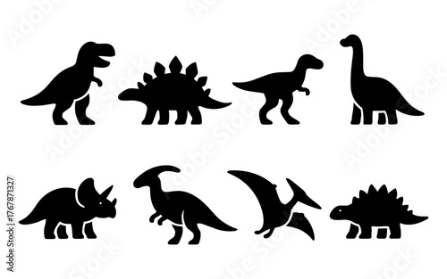 Set of black dinosaur silhouette icons. Includes T-Rex, Stegosaurus, Triceratops, Brachiosaurus, Velociraptor, Pterodactyl and more.