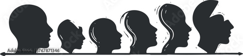 Silhouette illustration depicting the evolution of human heads in various profiles and shapes.