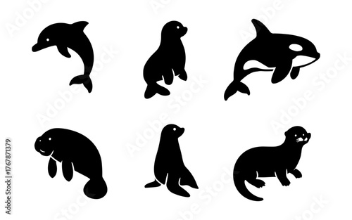 Collection of marine mammal silhouette icons. Includes dolphin, seal, orca, manatee, sea lion, and otter in black vector style.