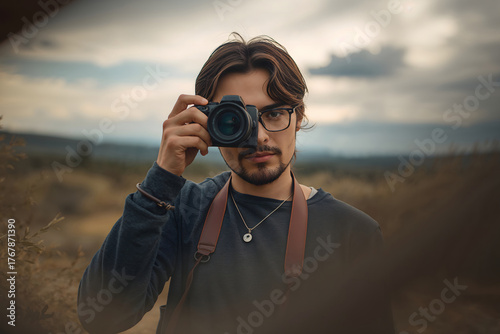 A man with a camera in nature.