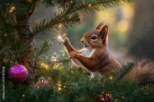 A squirrel on a Christmas tree during the holiday.
