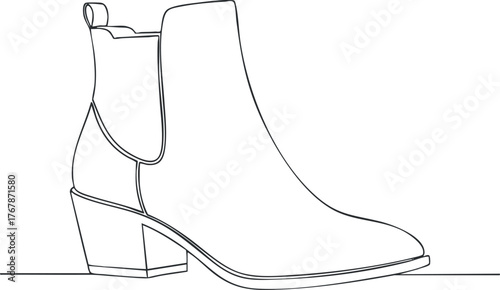A minimalist outline illustration of a fashionable ankle boot with a block heel.