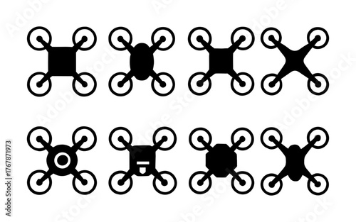 Set of black drone icons with various quadcopter designs including top-down views and different body shapes.