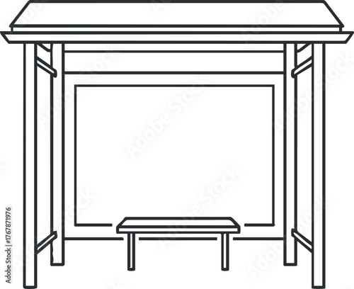 A minimalist line drawing of an outdoor shelter with a bench and blank canvas structure.