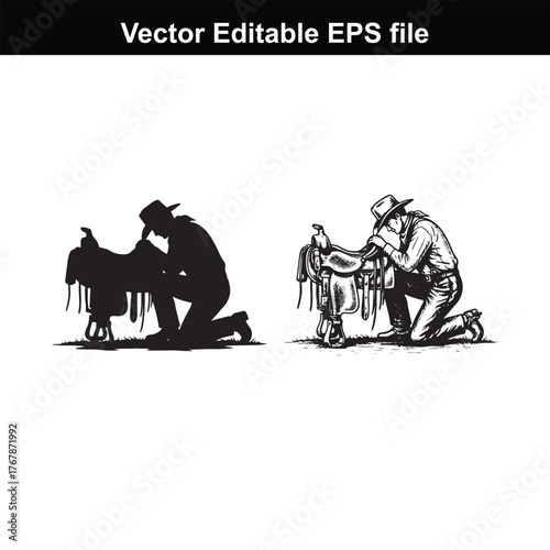 Cowboy kneeling and working on a saddle, silhouette and detailed illustration