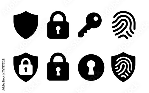 Set of black cybersecurity and privacy icons including shields, locks, keys, fingerprints, and secure computer sym