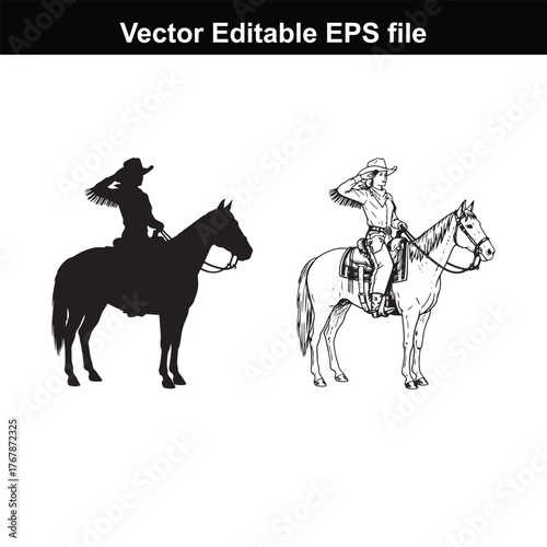 Cowboy riding horse, and detailed illustration of cowboy riding horse