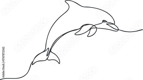 A minimalist line art illustration of a dolphin gracefully swimming in the ocean.