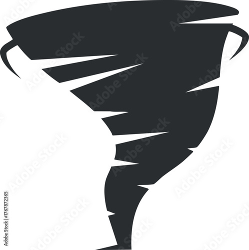 A stylized black silhouette of a tornado showcasing its spiral shape and turbulence.