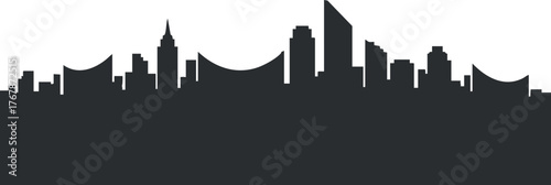 A minimalist silhouette of a city skyline with various architectural structures against a simple background.