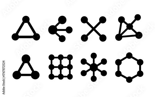 Set of abstract network and connection icons in black, representing nodes, links, and data structures.