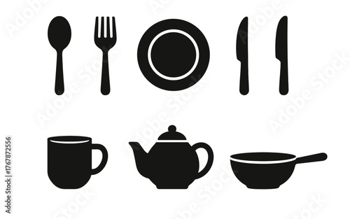 Black kitchen utensil and dishware icons including spoon, fork, knife, plate, cup, teapot, and frying pan.
