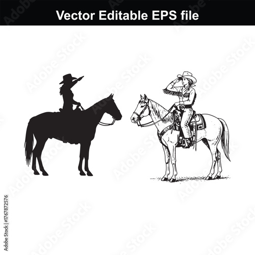 Cowgirl on horseback, silhouette and detailed illustration