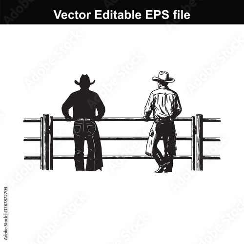 Two cowboys leaning on a fence