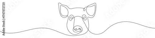Pig head in one line art style. Drawing of a pig head, with editable black stroke on a white background. Vector illustration.