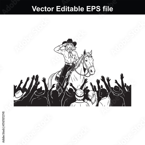 Cowgirl on horseback saluting the crowd