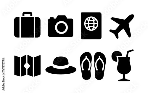 Travel and vacation icon set with suitcase, camera, passport, airplane, map, hat, flip flops, and cocktail in black silhouette style.