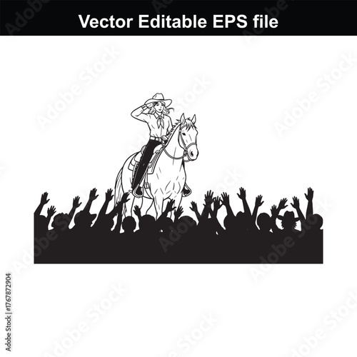 Cowgirl on horse saluting crowd, vector illustration
