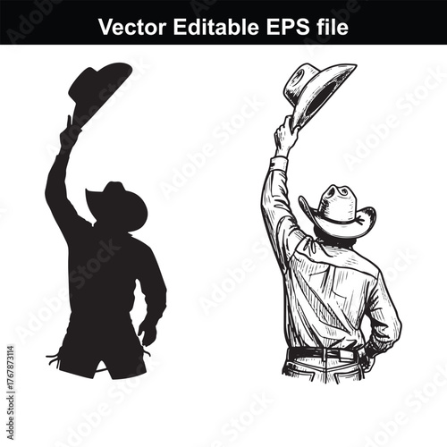 Silhouette and sketch of a cowboy tipping his hat in a gesture of greeting or farewell