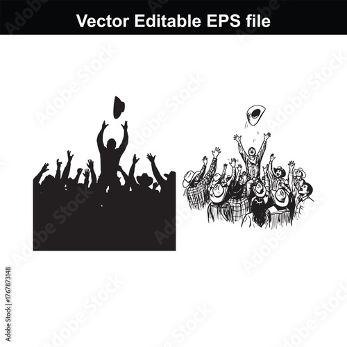 Silhouette and sketch of a crowd cheering and throwing hats in the air