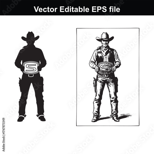 Silhouette and line art of a cowboy holding a sign with the letter s