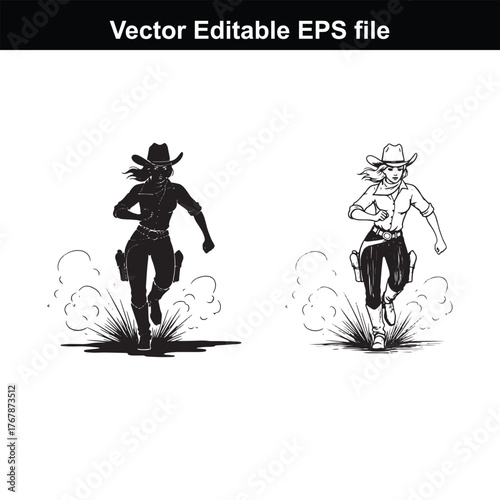 Silhouette and line art of a cowgirl running