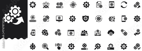 Gears update solid icon set covers software update, upgrade, refresh, sync, configuration, cogwheel, process, loading, control, patch, settings, and maintenance symbols. Minimal vector collection.