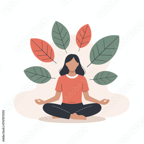 Woman Meditating in Nature with Leaves - Mindfulness and Wellness Illustration