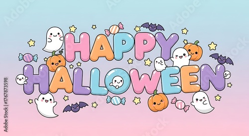 A colorful happy halloween illustration with ghosts bats pumpkins and candy decorations on pastel background