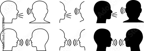 Set of linear and solid silhouettes of human heads speaking and listening, sound wave icon styles, communication concept, voice messages, conversation and audio technology
