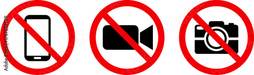 set of signs prohibiting electronic devices, including a smartphone, a video camera, and a still camera within red circles, Rules prohibit taking photographs or filming in public spaces