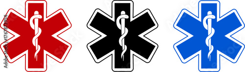 Star of Life medical emblems, red, black, and blue variations with the Rod of Asclepius and the Serpent, concept for emergency medical services, healthcare, and first aid