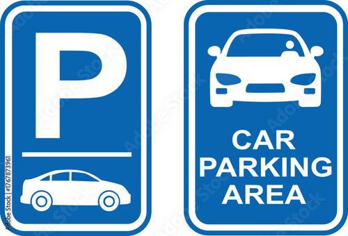 Set of two blue and white parking signs, with a large 'P' and the silhouette of a car, and the other specifies 'Car Parking Area', for traffic regulation and guidance